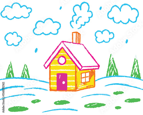 A charming cartoon cottage nestles in a snowy winter forest, its windows glowing under a sunlit sky, amidst a serene natural landscape