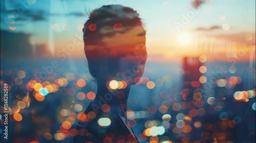 Young woman portrait on blurred city and sky background, person silhouette and urban lights at sunset. Concept of business, people at night, multiple, think,