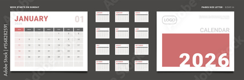 2026 Calendar Planner Set of Template Monthly Page with Note and cover with Place for Photo, Company Logo. Vector layout of wall or desk organizer with week start Sunday. Pages size Letter -8.5x11 in