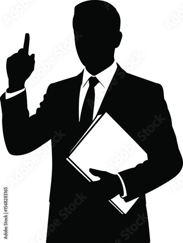 Silhouette of a businessman pointing up for professional advice, an idea, or leadership.
