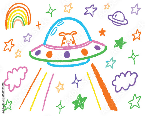 Whimsical cartoon UFO vector illustration set for a fun summer holiday design