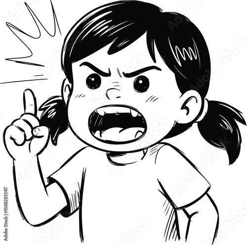 Angry little girl shouting and pointing finger, line art illustration of a child's tantrum.