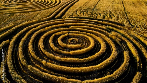 Crop circles on agricultural corn field, aerial view of extraterrestrial sign pattern. Concept of strange wheat, ufo, nature, landscape	