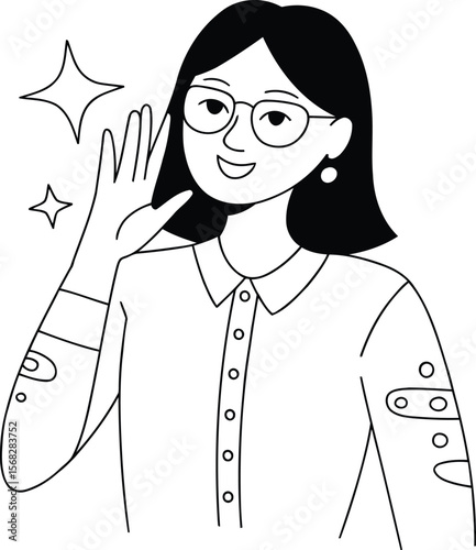 Happy woman with glasses waving hello in a friendly greeting, line art character illustration.