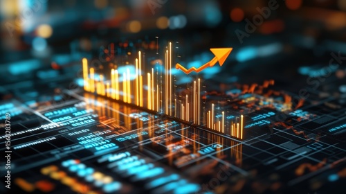Digital financial growth chart with rising arrow representing increasing investment and market performance