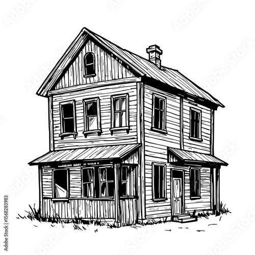 Old Abandoned House: A detailed pen and ink drawing showcases an old, two-story house with a porch, evoking a sense of history and the passage of time.