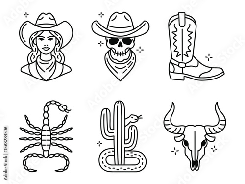 Set of vector western-inspired vector line art illustrations  Create a title from these details.
