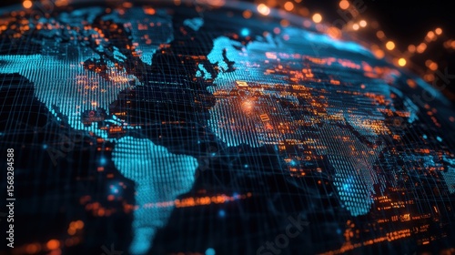 Bright Digital Global Map Electronic Network Data Visualization with City Lights and Connectivity