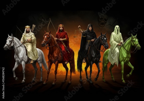 An epic and visually striking illustration portrays the Four Horsemen of the Apocalypse, majestically positioned against a swirling, fiery dark background. Each rider embodies a different aspect of de