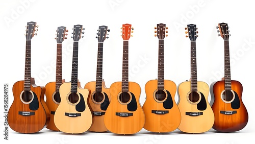 Six acoustic guitars arranged in a row on white, professional and clean composition.
