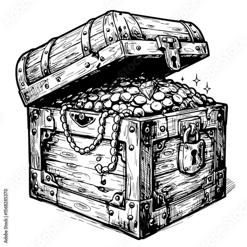 Treasure Chest of Riches: An antique wooden treasure chest, brimming with gold coins, jewels, and valuable treasures. This illustration highlights the allure of discovery, wealth, and adventure.