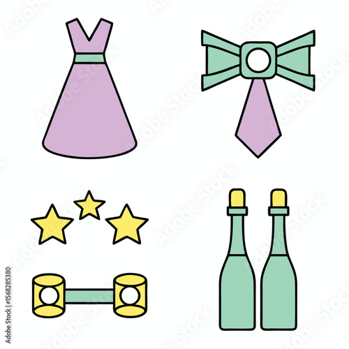 Purple dress mint green bow tie yellow stars champagne bottles