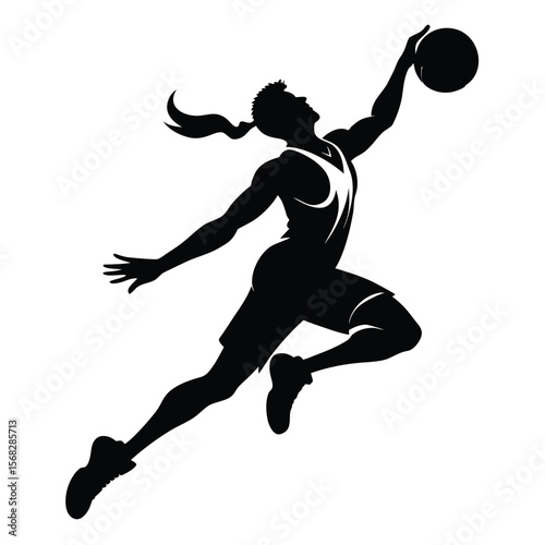 Dynamic silhouette of a female basketball player soaring through the air for a powerful slam dunk