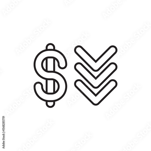 Outlined dollar sign with three downward arrows, symbolizing currency drop, economic decline, or price reduction. Perfect for financial loss, recession, or discount visuals.