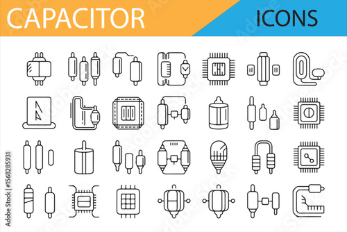 Electronics Components: Set of Capacitor Icons for Technical Illustrations

