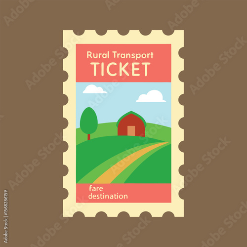 Rural transport ticket with farm scenery illustration