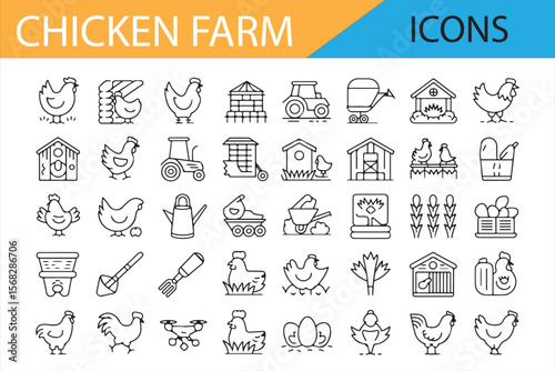 Chicken, Barn, and Egg Production Icons for Farm and Rural Designs