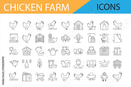 Chicken Farm Icons Collection, Various Hens, Barns, Egg Production, and Poultry Farm Equipment in Black Line Art for Agriculture and Design