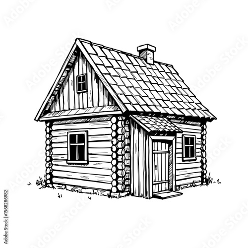 Cozy Cabin: a charming black and white drawing, the illustration shows a classic log cabin, evoking a sense of warmth and simplicity.