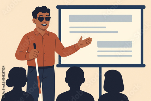 Flat Vector Illustration of Confident Blind Man Giving Presentation with White Cane and Audience