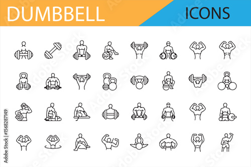 Dumbbell, Barbell, and Workout Poses Icons for Fitness and Training Designs