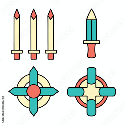 Set of stylized medieval weapons and shields sword