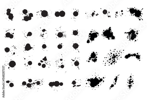 Ink drops and splashes. Blotter spots, liquid paint drip drop splash and ink splatter. Artistic dirty grunge abstract spot vector set. Illustration monochrome drip splash, splat messy inkblot