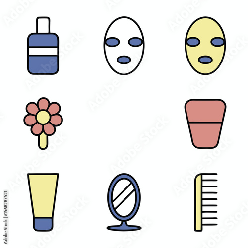 Skincare and beauty icons lotion mask mirror comb flower