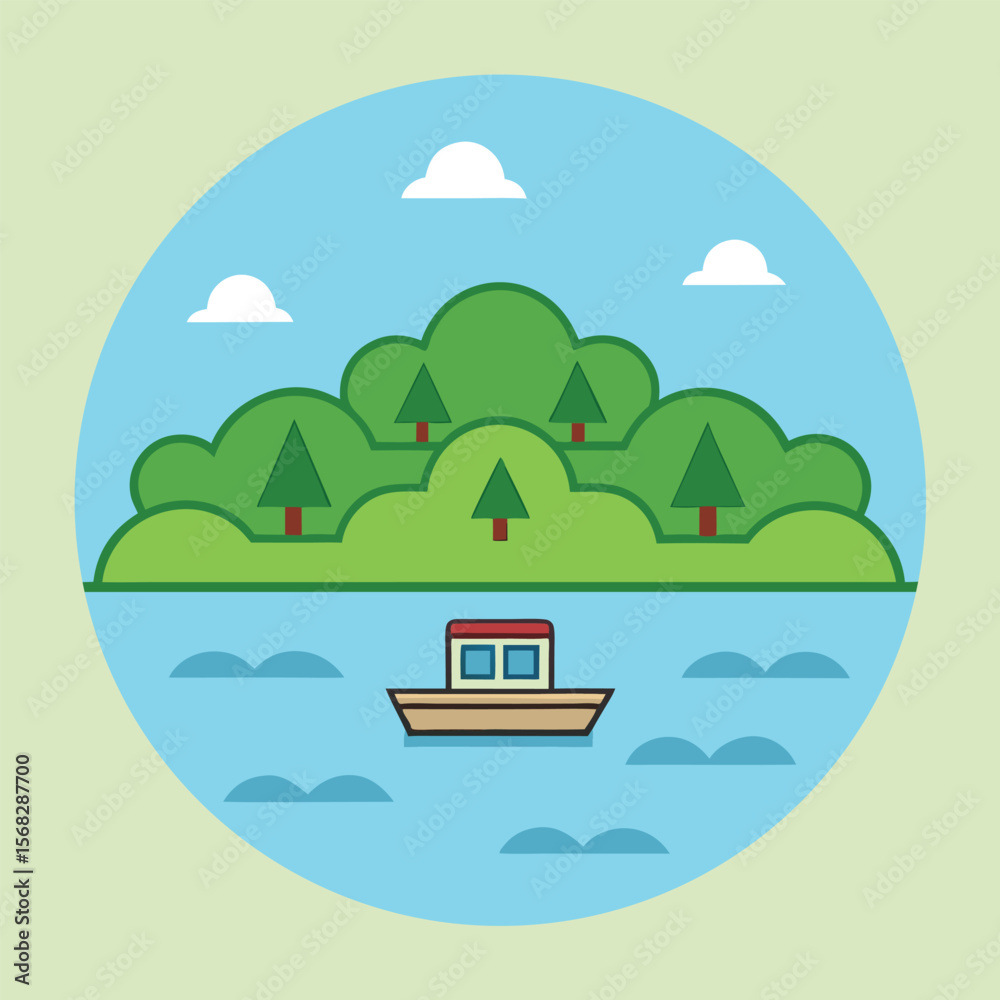 Naklejka premium Small boat on blue water near green island with trees