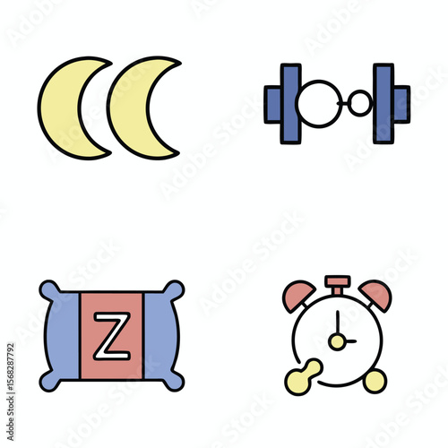 Sleep and alarm icons with moons and pillow crescent moon