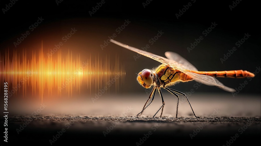custom made wallpaper toronto digitalIntricate Orange-Brown Dragonfly on Dark Textured Surface with Vibrant Sound Wave Background