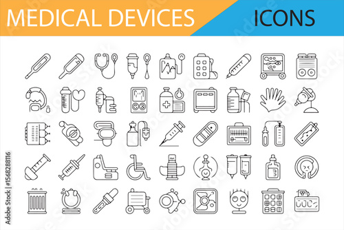 Collection of Medical Devices, Instruments, and Tools in Line Art Style