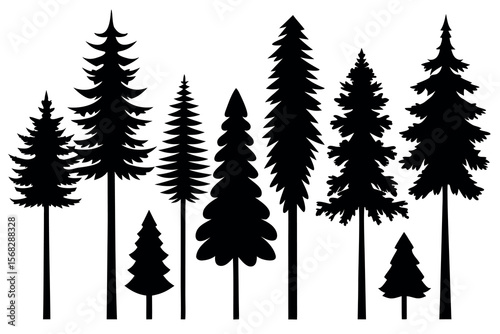 Coniferous Forest Silhouettes – Pine, Spruce, and Evergreen Tree Vector Illustration of Nature Landscape"