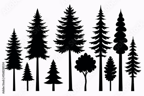 Coniferous Forest Silhouettes – Pine, Spruce, and Evergreen Tree Vector Illustration of Nature Landscape"