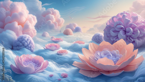 Surreal dream world painting with floating islands and giant flowers, pastel colors, fantasy art