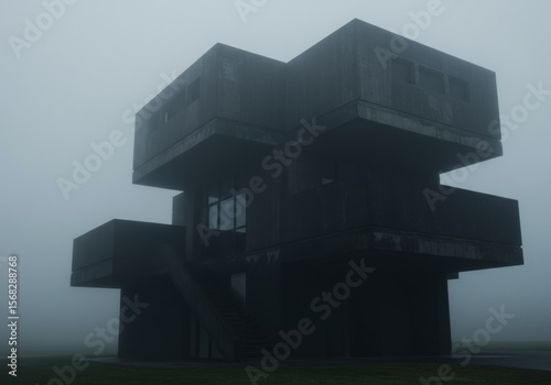  A stark, brutalist-style building with a blocky, geometric form, largely obscured by a thick fog or mist. The dark concrete structure appears imposing and mysterious in the diffused light.