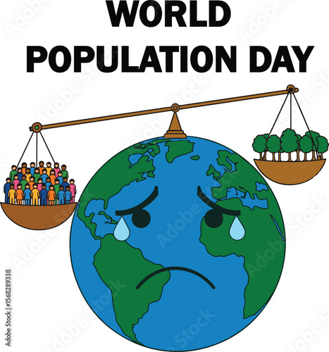 World Population Day illustration showing sad Earth on a balance scale with crowded people and few trees, symbolizing environmental imbalance and global awareness