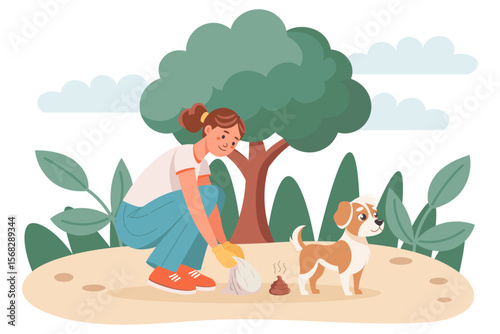 Woman cleaning up after his dog in the park. Clean up after your dog concept. Dog owner cleaning up dog waste. Illustration.