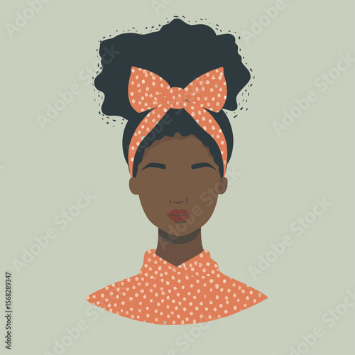 African woman with scarf tied up into a bow on top, vintage afro chic theme vector illustration