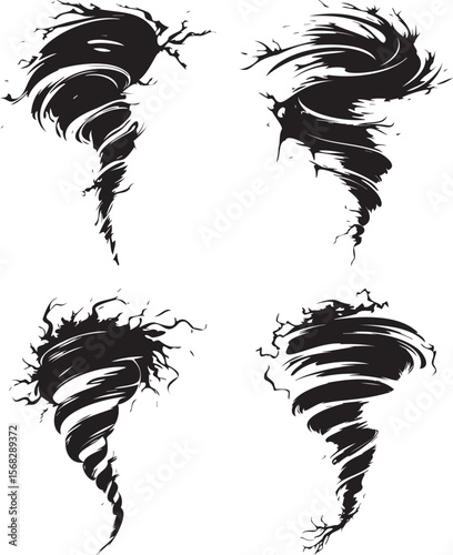 Set of abstract black tornado illustrations on white background, dynamic swirling cyclone icons symbolizing storm, whirlwind, and destructive force