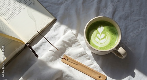 A cup of matcha latte with latte art next to an open book on a white cloth.