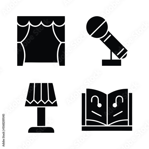 Stage microphone lamp and open book icons curtains