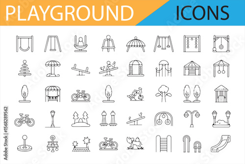 Playground Icons Collection, Various Swings, Slides, Bikes, and Playground Equipment in Black Line Art for Design and Illustration
