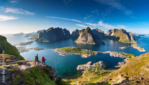 Wallpaper Mural stunning panoramic view of lofoten islands with hikers overlooking the fjord in norway Torontodigital.ca