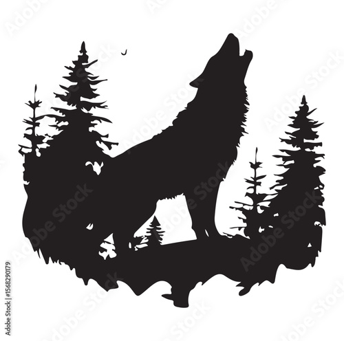 Black silhouette of a howling wolf standing among pine trees
