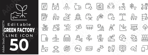 Editable stroke icon collection representing eco-friendly and sustainable manufacturing. Includes icons of green factories, solar panels, wind turbines, recycling, clean energy, emission control