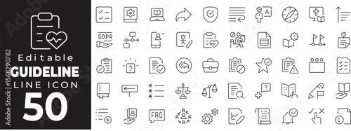 Editable stroke icon collection representing guidelines, instructions, and procedures. Includes checklist, manual, rules, step-by-step process, navigation, roadmap, support, and help icons