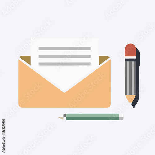 Flat design illustration of an open envelope with a letter pencil and eraser on a light background