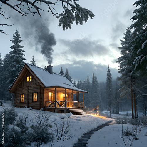 Rear view of happy family holding hands and walking by their chalet in the evening.