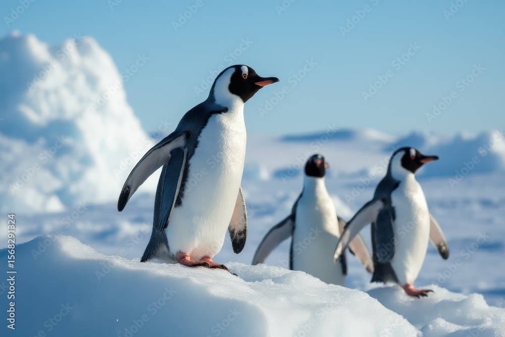 Fototapeta premium A group of Adelie penguins (Pygoscelis adelie) leaving their nesting colony on a foraging trip, Antarctic